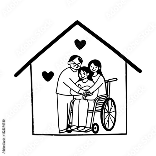 Celebrating Father's Day, Senior Asian grandfather in a wheelchair shares a happy moment at home, hugging his family together, symbolizing generational love and care, health care and life insurance
