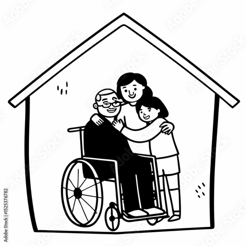 Celebrating Father's Day, Senior Asian grandfather in a wheelchair shares a happy moment at home, hugging his family together, symbolizing generational love and care, health care and life insurance