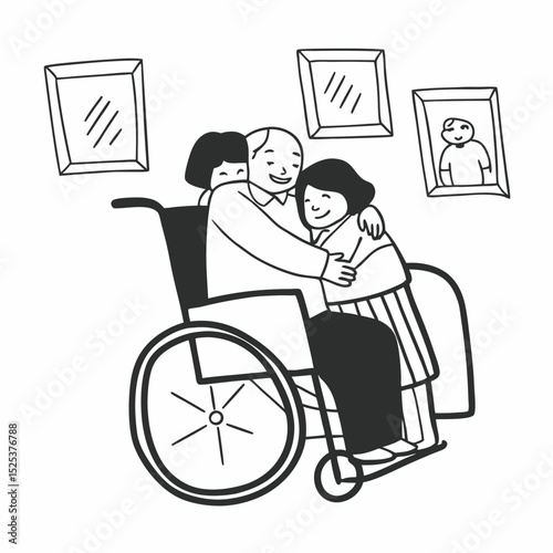 Celebrating Father's Day, Senior Asian grandfather in a wheelchair shares a happy moment at home, hugging his family together, symbolizing generational love and care, health care and life insurance
