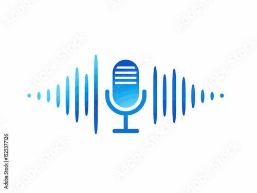 Blue Microphone with Audio Sound Waves on White Background – Studio Recording, Podcast, Voiceover Concept, Isolated Clip Art