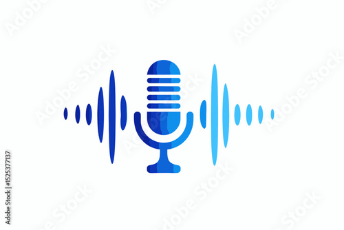 Blue Microphone with Audio Sound Waves on White Background – Studio Recording, Podcast, Voiceover Concept, Isolated Clip Art