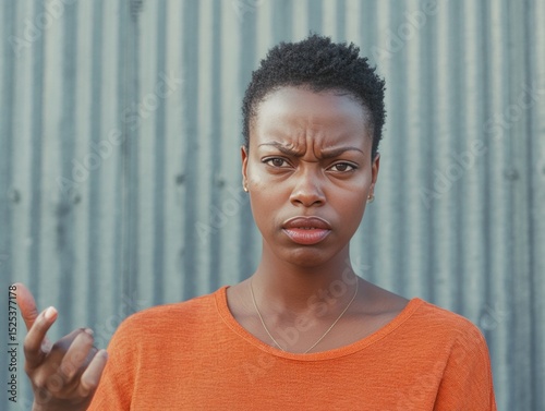 A woman with a short haircut and a red shirt is frowning and pointing her finger. Concept of frustration or annoyance
