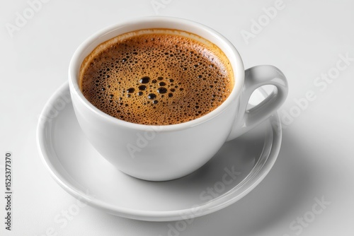 A closeup of a white ceramic cup filled with coffee set on a matching saucer against a white background