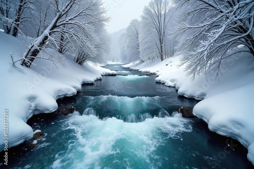 A frantic flurry of snow falls on a rushing river, icy branches overhead, creating a dramatic winter scene The fast-moving water contrasts with the stillness of the snow , wild, moving, christmas