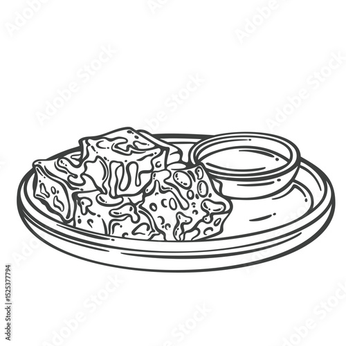 Fermented stinky tofu cubes served with dipping sauce, drawn in detailed monochrome engraving style. Outline vector illustration for street food designs, menus, or culinary books