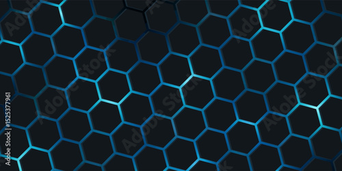 Dark technology hexagonal vector background. Abstract blue bright energy flashes under hexagon in dark technology modern futuristic background vector illustration. Gray honeycomb texture grid.