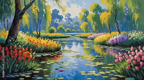 colorful landscape painting of a peaceful river surrounded by blooming flowers and green trees, under a bright blue sky