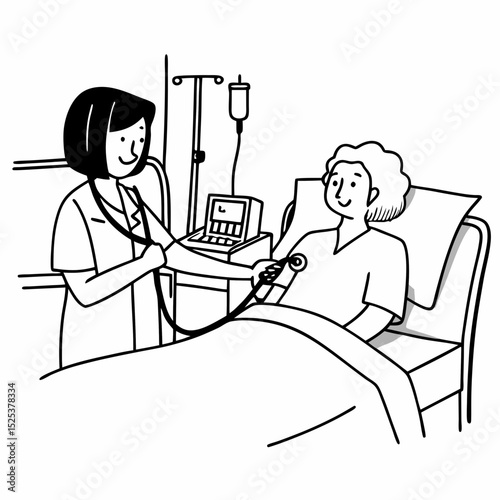 Female doctor checking blood pressure of senior patients at hospital
