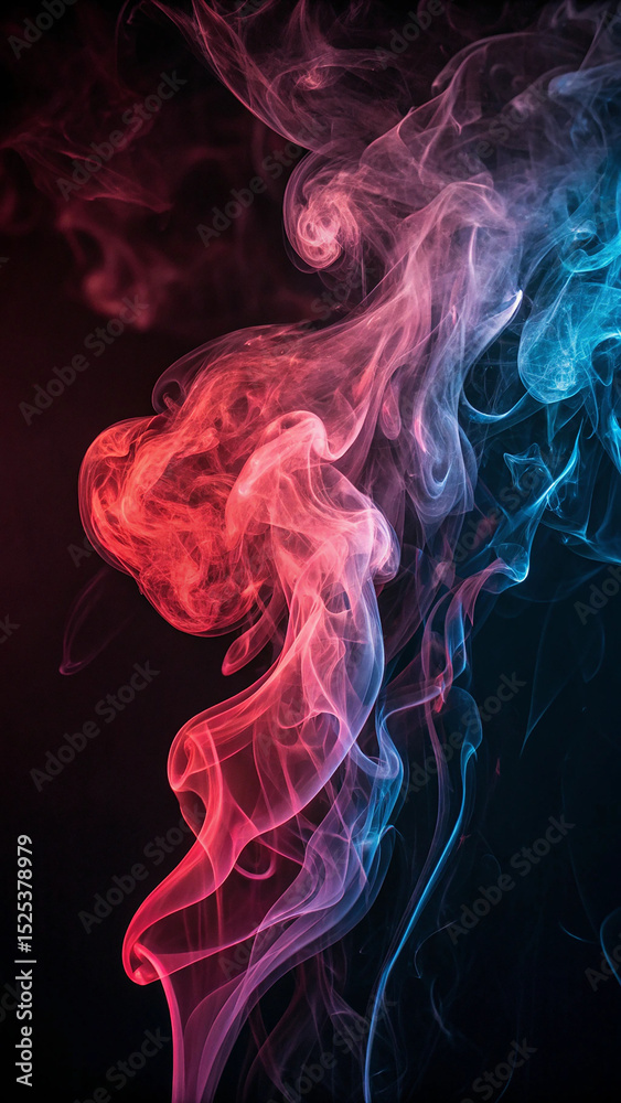 Obraz premium Abstract swirling smoke art featuring gradient colors of red pink and blue on black background
