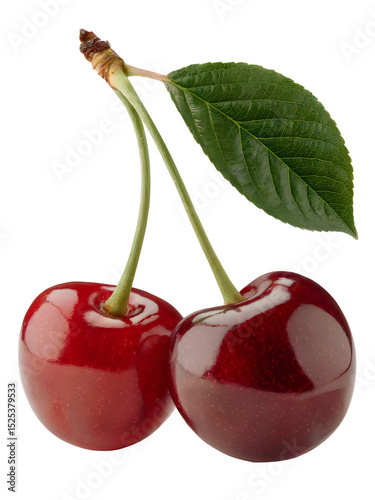 Wallpaper Mural Two Ripe Red Cherries with Green Leaf Isolated on Transparent Background – Fresh Summer Fruit for Recipes and Healthy Eating Torontodigital.ca
