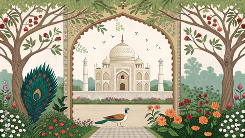 mughal garden with traditional motif arch peacock