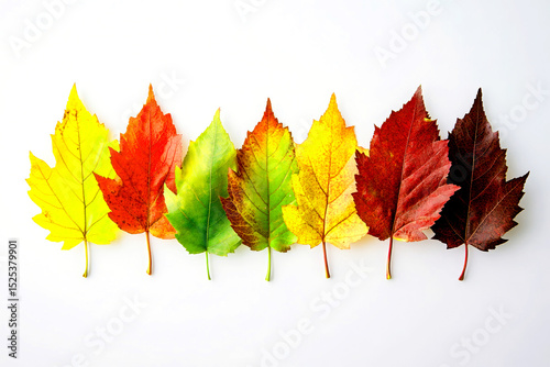 Autumn leaf color gradient row on white