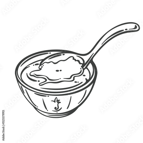 Tofu fa in a traditional bowl with syrup, served with a spoon. Silky smooth texture rendered in hand-drawn engraving style. Outline vector illustration for Asian dessert menu, cafe decor, or packaging