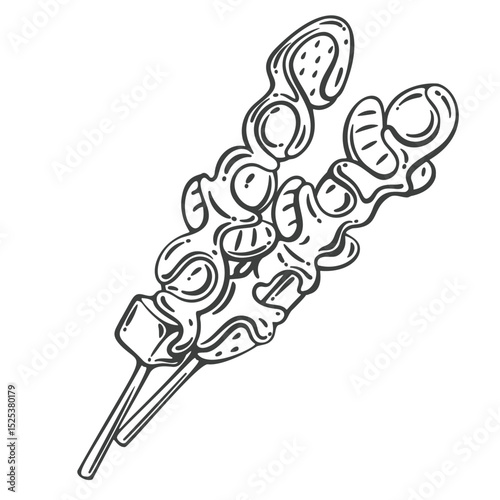 Tanghulu skewers with candied fruits coated in glossy sugar glaze, detailed in hand-drawn engraving style. Outline vector illustration for street food menu, labels, or packaging.