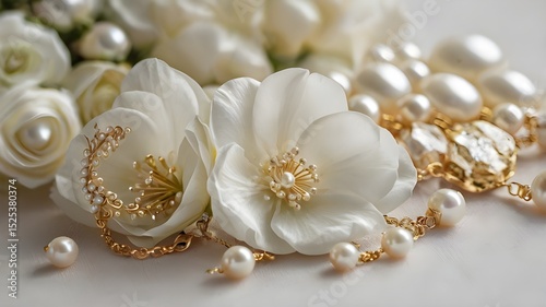The delicate white flowers are adorned with pearls and gold accents.