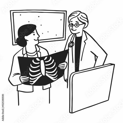 Mature woman, doctor and tablet for xray, support or conversation with cardiology checkup in office. Female person, medical professional and diagnosis talk for senior patient at clinic appointment