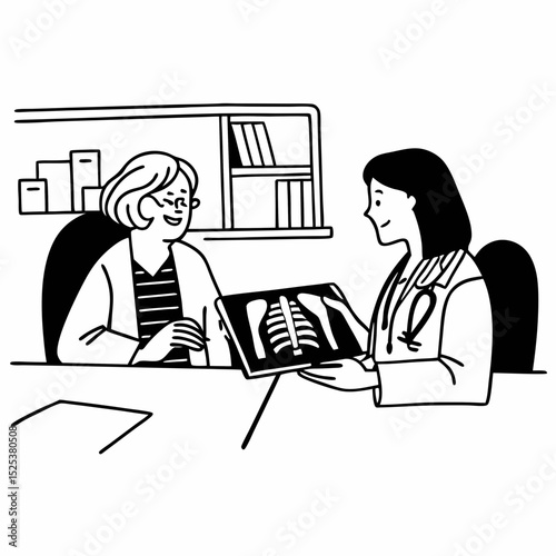 Mature woman, doctor and tablet for xray, support or conversation with cardiology checkup in office. Female person, medical professional and diagnosis talk for senior patient at clinic appointment