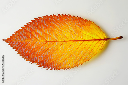 Single vibrant orange autumn leaf on white