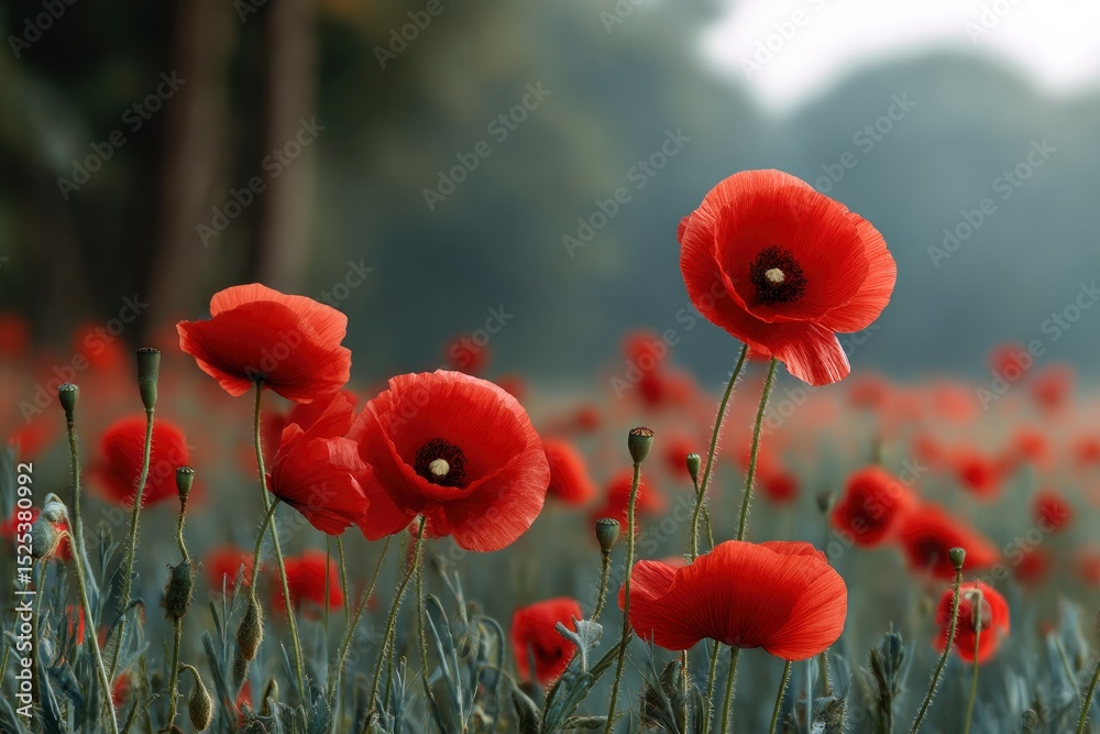Naklejka premium A field of red poppies in soft focus with a blurred background and muted colors