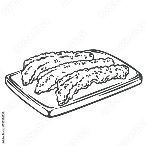 Fried phoenix claws served on a rectangular tray, drawn in engraving style. Crispy texture and skin details shown. Outline vector illustration for menu design, packaging, or food labels.
