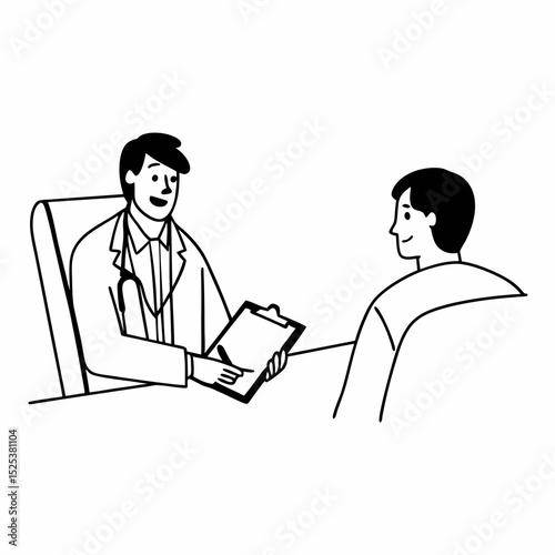 Positive optimistic Latin doctor giving consultation, recommendation to patient after checkup, talking to man in examination room, holding pad with medical records, writing notes, filling out survey