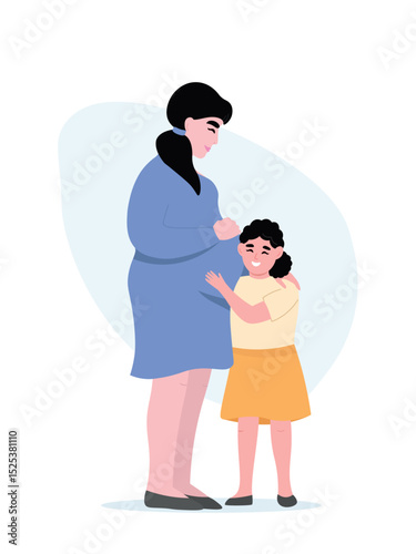 Pregnant mother with her eldest child. Daughter lovingly touches her future child's belly. Vector flat graphics.