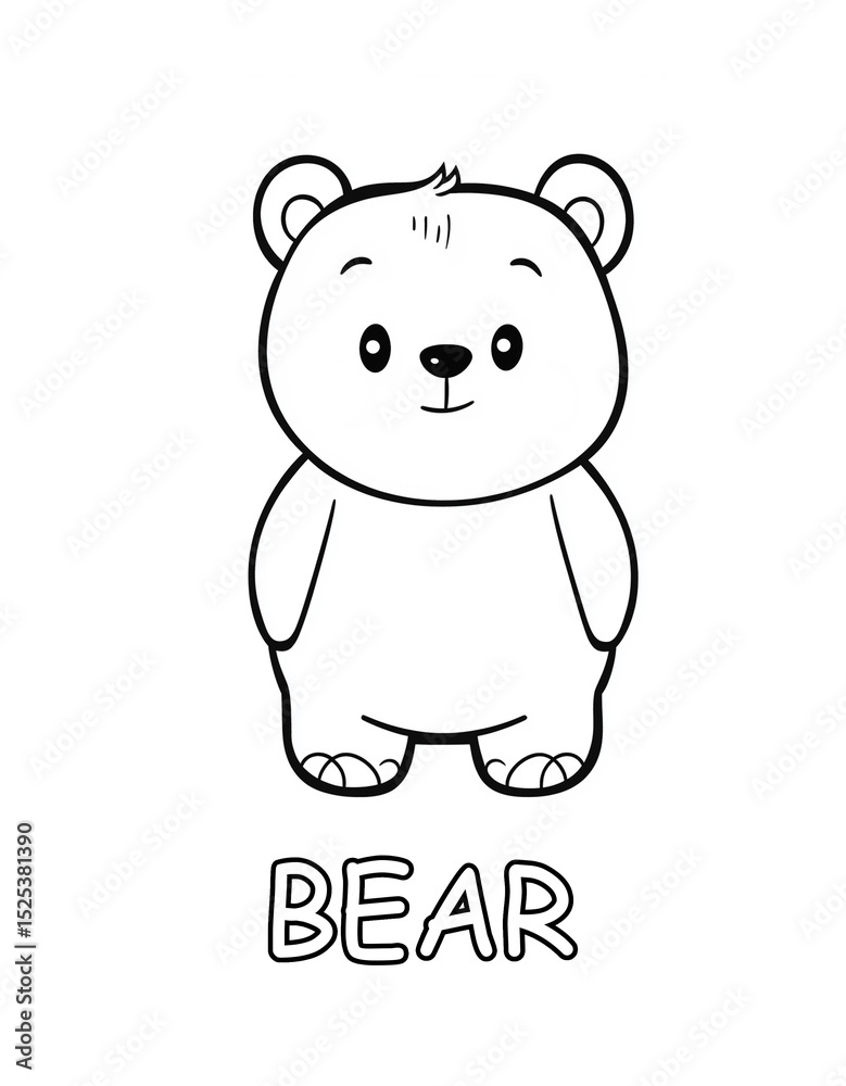 Naklejka premium Cute coloring page: smiling standing bear with rounded head and tiny paws, bold black outline, word “BEAR” underneath. Fun printable for preschool alphabet, animal vocab and kids crafts.