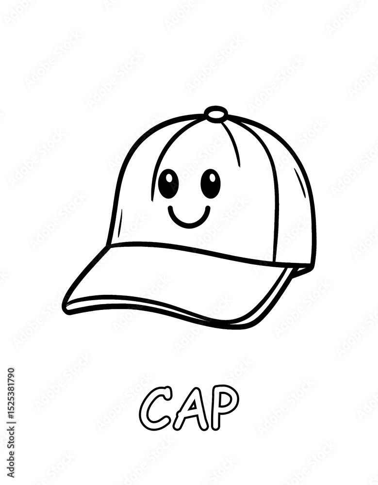 Fototapeta premium Black-outline coloring sheet: smiling baseball cap with curved brim, word “CAP” below. Easy printable for clothing vocabulary, alphabet C and kids crafts.