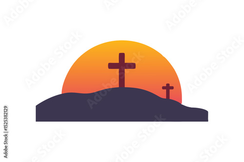  Cross on Hilltop Silhouette Sunset Glow & Spiritual Symbol Isolated White Background Vector Illustration 