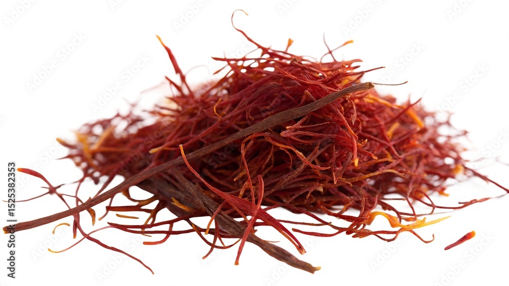 Naklejka premium Two Saffron Threads on White Background Macro Realistic Photo