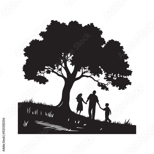 Family Silhouette Holding Hands Under Tree Unity, Love & Togetherness Isolated Vector Illustration