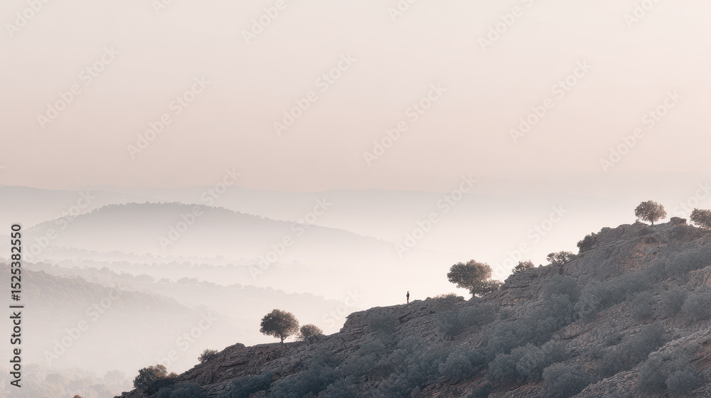 Fototapeta premium serene ridge line in spain enveloped in mist and fog depicting seasonal transition