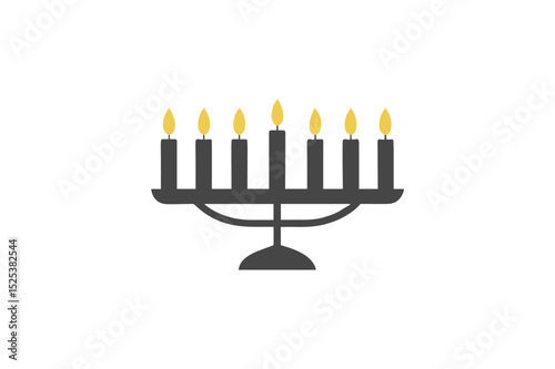 Jewish Menorah Silhouette Lit Candles & Symbol of Faith Isolated White Background Vector Illustration.