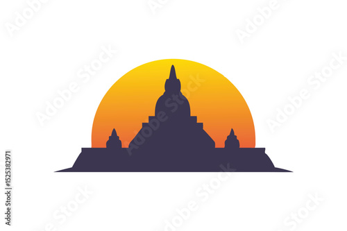 Temple Silhouette Rising Sun & Spiritual Symbolism Isolated White Background Vector Illustration.