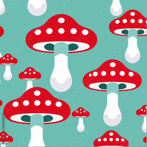 Amanita Mushroom Pattern - Red & White Toadstools on Teal Background - Funky Fungi Repeat Design - Whimsical Forest Floor Theme - Kids Room Decor Idea