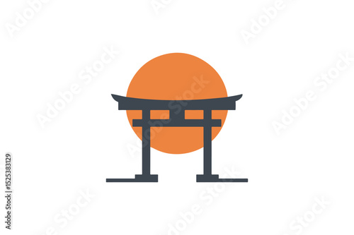 Shinto Torii Gate Silhouette Rising Sun & Spiritual Symbolism Isolated White Background Vector Illustration 