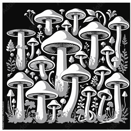 Black and White Mushroom Illustration-Detailed Fungi Artwork-Vintage Botanical Print-Mushroom Lovers Gift-Unique Home Decor-Whimsical Mushroom Design-Nature Inspired Art