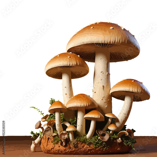 Brown Mushroom Cluster on Mossy Base-Detailed Close-up of Fungi-Nature Still Life Photography-Mushroom Art-Forest Floor Scene-Mycology Image-Detailed Fungi Grouping
