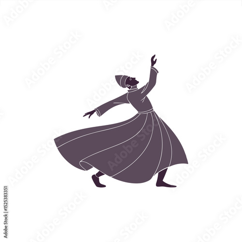 Sufi Whirling Dervish Silhouette Spiritual Dance in Flowing Robes on White Background Vector Illustration