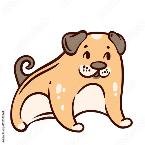 Cute dog cheerful, playful doodle of pug with beige fur, cream belly, and brown ears. Funny dog sits with curly tail and bright eyes, cartoon-style. Sticker of pet vector illustration