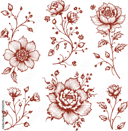 Intricate Floral & Decorative Botanical Symbol Set Featuring Six Unique Monochromatic Flower Arrangements, Each Showcasing Delicate Petals, Leaves, and Stems in a Reddish-Brown Hue, Representing Elega