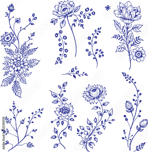 Ornate Botanical & Decorative Floral Symbol Set Featuring a Collection of Eight Blue Floral Designs, Each Showcasing Unique Flower Arrangements, Leaves, and Stems in a Stylized, Artistic Manner