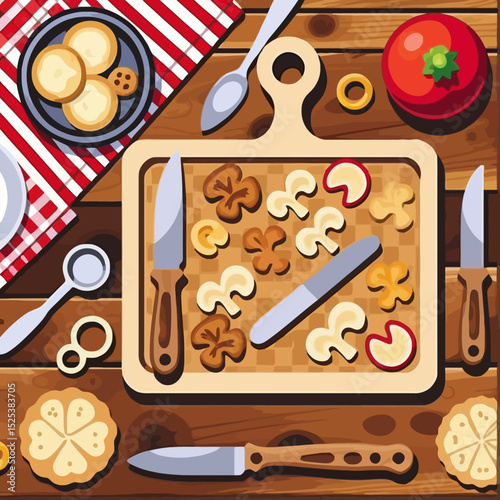 Culinary Still Life with Mushrooms and Tomato - Artful Kitchen Scene - Illustrated Food Preparation - Whimsical Cooking Concept - Fresh Ingredients Display
