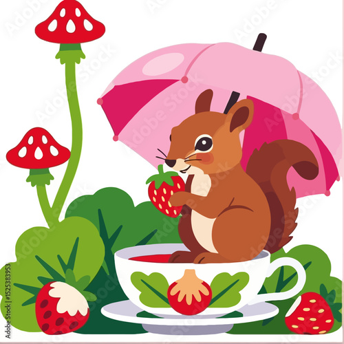 Cute Squirrel with Strawberry in Teacup Illustration- Whimsical Art with Pink Umbrella- Playful Cartoon for Kids- Magical Forest Scene with Toadstools