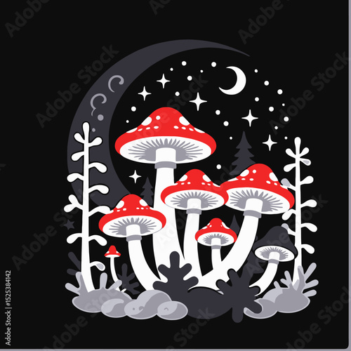 Magical Mushroom Forest at Night- Whimsical Red Toadstools Under Crescent Moon & Stars- Fantasy Art for Nature Lovers- Enchanted Forest Illustration