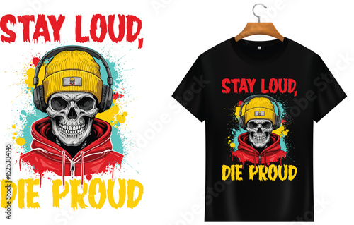 Skull with Headphones Streetwear T-Shirt Design – Bold Urban Vector Art with Slogan