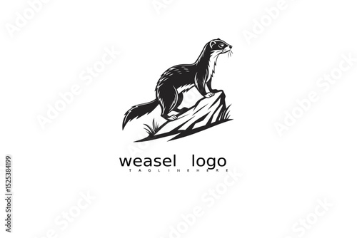 Black and white nature logo featuring weasel, grass, and crescent moon for forest branding, rustic identity, eco packaging, and wildlife-themed vector illustration business use.

