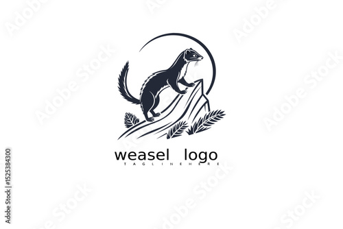 Detailed vector illustration of a black and white weasel logo with grass and crescent moon, perfect for rustic branding, nature product identity, and wildlife-themed eco-conscious businesses.

