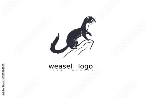 Monochrome nature-themed weasel logo vector with crescent moon and grass details for outdoor product branding, rustic business identity, and eco-friendly forest or wildlife packaging.

