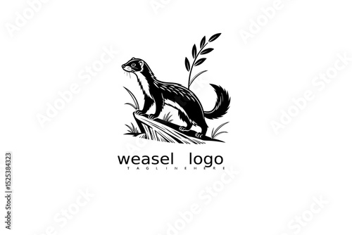 Black and white rustic logo design featuring graceful weasel, crescent moon, and tall grass for eco product branding, nature business identity, and forest wildlife vector illustrations.

